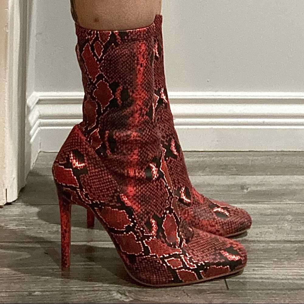 Missguided Red Snakeskin Heeled Boots